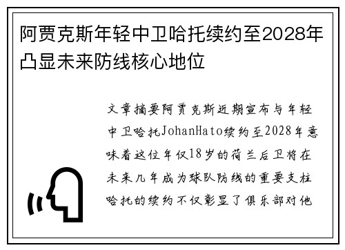 阿贾克斯年轻中卫哈托续约至2028年凸显未来防线核心地位